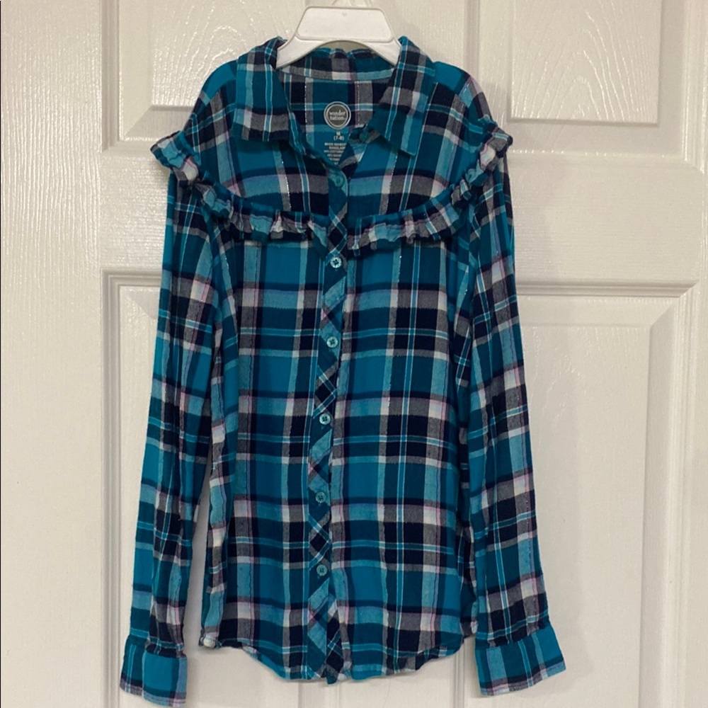 Teal and Navy Plaid Button up Shirt